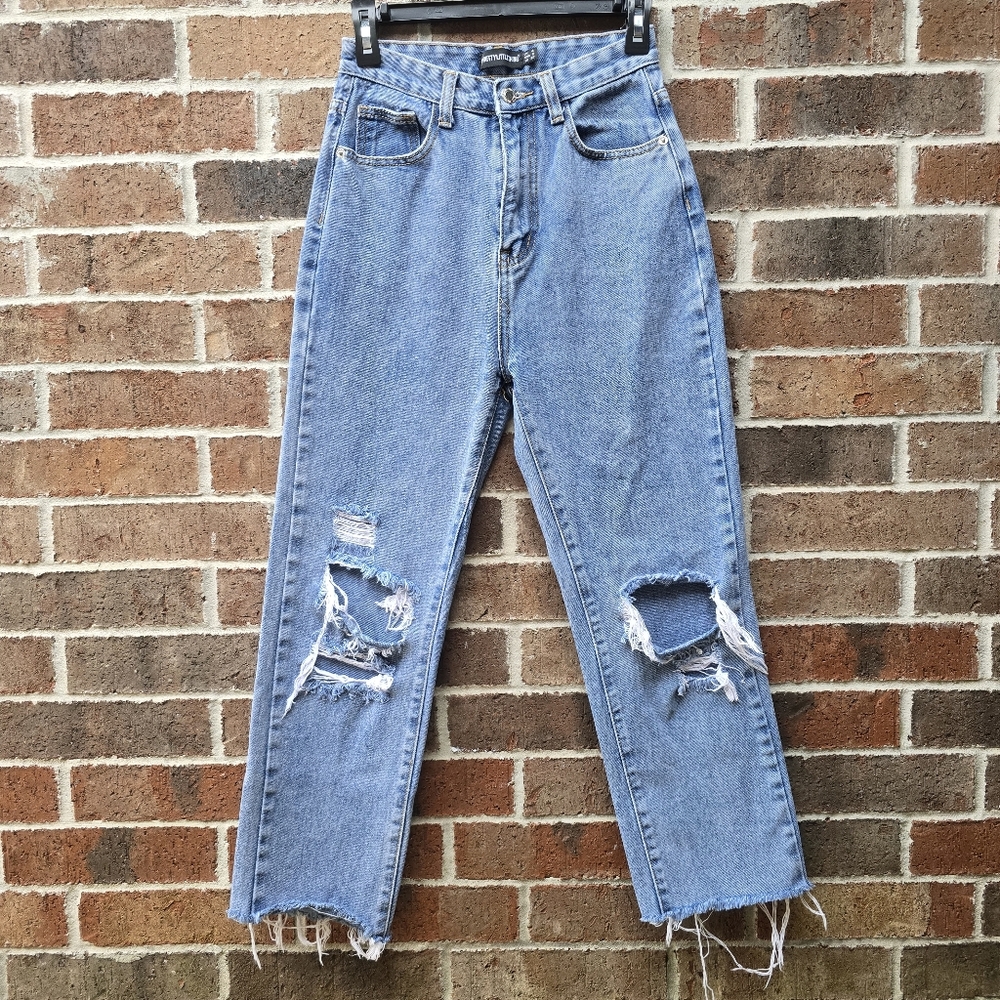 PrettyLittleThing Distressed Straight Leg Jeans High Waist Blue Size 0